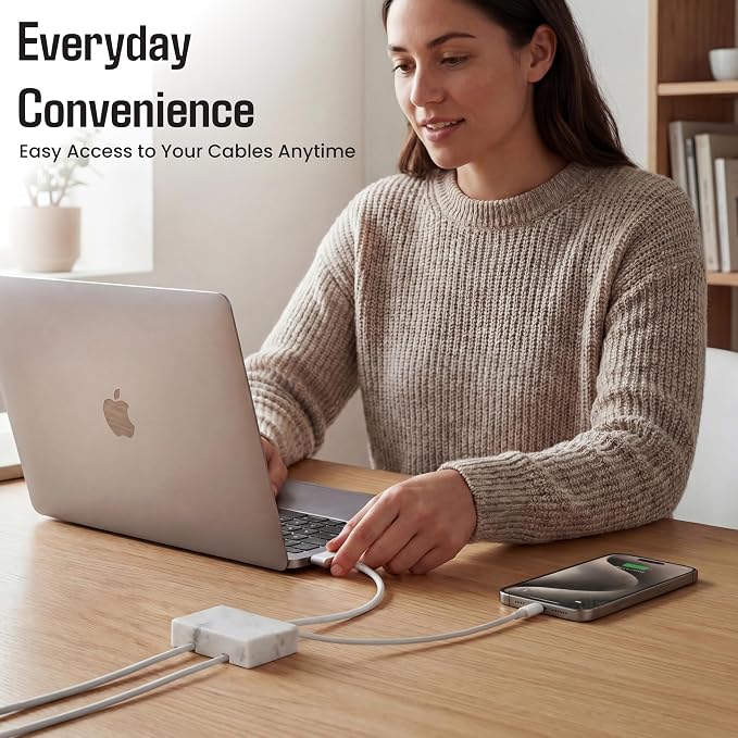 Cord Holder – Polished Marble Cable Tidy, Double | Handmade polished white marble cord holder keeps charging cables tidy on your desk. Weighted, non-slip. Double slot.