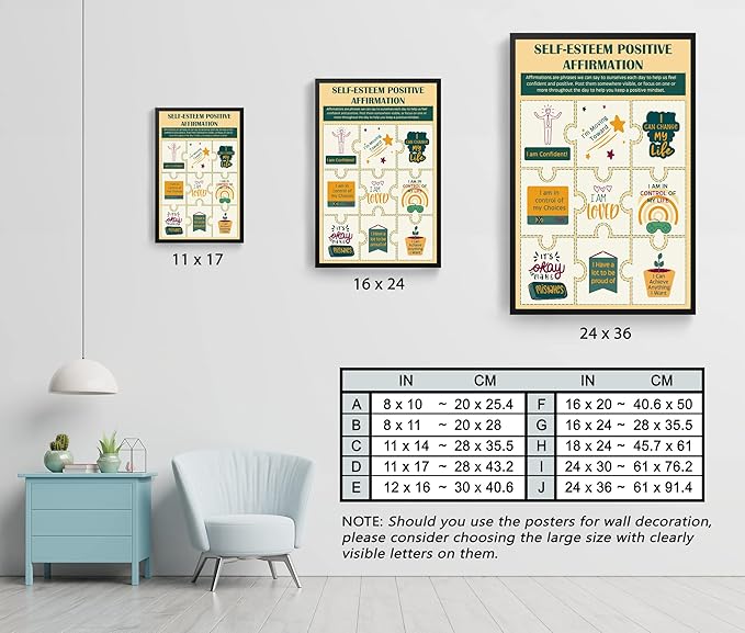 LOLUIS Mental Health Poster, Therapy Educational Supplies Art Print Classroom School Office Decor (Self-Esteem Positive Affirmations, Custom Frame Type)