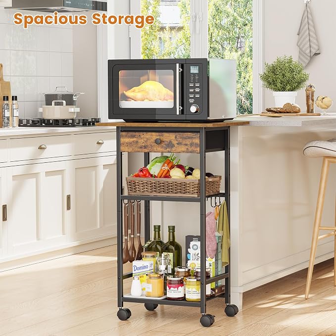 Microwave Cart, 4-Tier Microwave Stand with Adjustable Shelf | Kitchen Storage Cart on Wheels, Coffee Bar Cart Shelf for Living Room, Kitchen Island, Office, Balcony, Rustic Brown