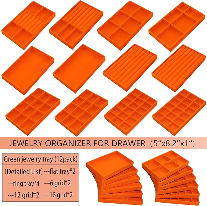 Jewelry Trays Organizer Stackable Velvet Earring Organizer Jewelry Tray for Drawers Ring Necklace Bracelet Storage Display Case, Set of 12