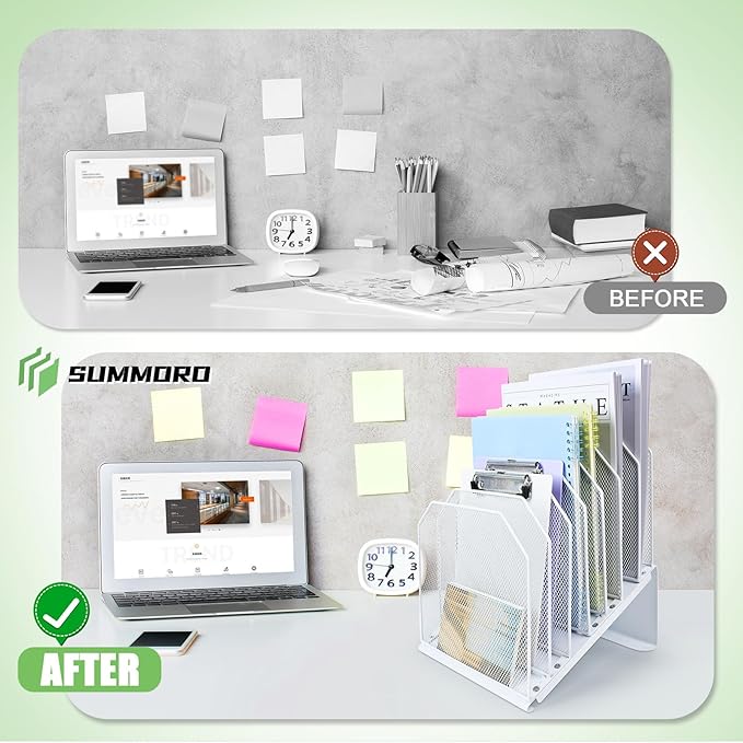SUMMORO Inclined File Organizer for Desk, 7-Tier Vertical File Folder Holder Office Desk Organizer Metal Rack File Wire Mesh Desktop Document Sorter for Office School Classroom Home (White)