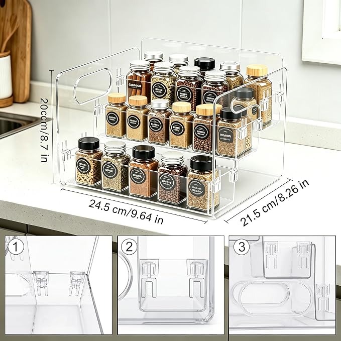 3-Tier Acrylic Spice Rack for Spice, Condiment Jars & Vitamin Bottles | Multipurpose Spice Rack for Cabinets & Countertops, Stores Spice Jars, Baking Goods & Pill Bottles, Clear View Quick Access