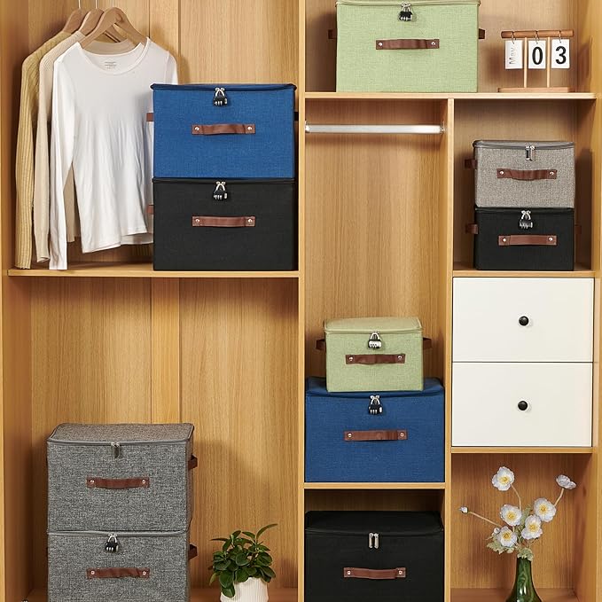 Storage Bins Boxes with Zipper Lid Combination Lock PU Leather Handles Cotton Linen Fabric Lidded Lockable Baskets Foldable Washable Closet Shelf Organizer Container (Light Green, Small)
