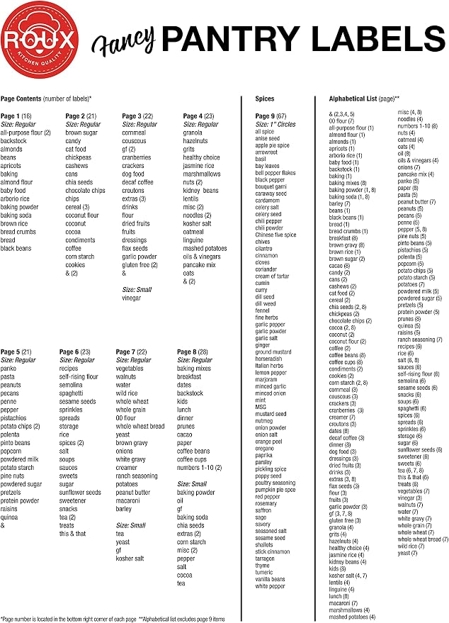 Kitchen Pantry Labels for Food Storage Containers, Set of 270 Clear Stickers for Common Goods