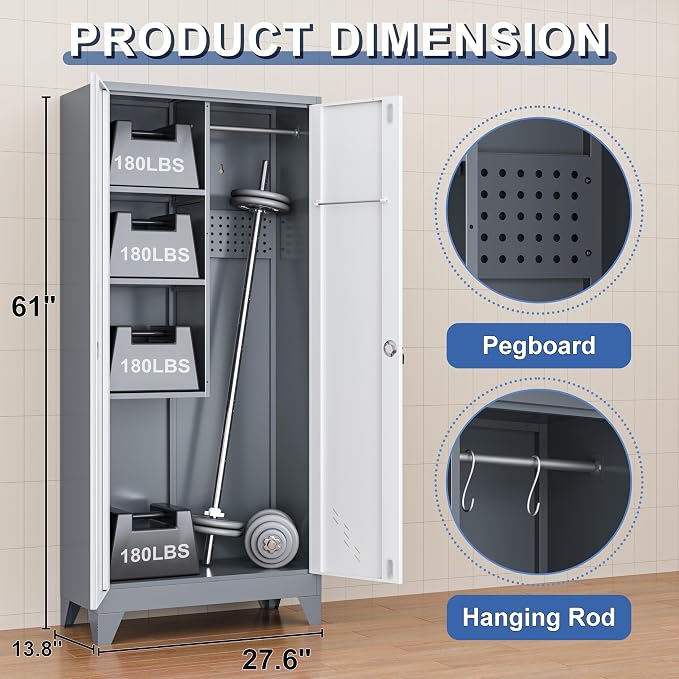 61" Broom Storage Cabinet, Cleaning Tool Storage Cabinet, Garage Utility Storage, Metal Broom Closet for Home, Garage, Utility Room (Gray White, Door-2)