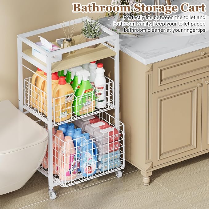 Hongtamoya 3 Tier Laundry Room Cart with Pull-Out Baskets, Storage Cart with Wheels, Rolling Cart with Wood Top Metal Bathroom Laundry Room Organization Mobile Shelf Unit Organizer Trolley, White