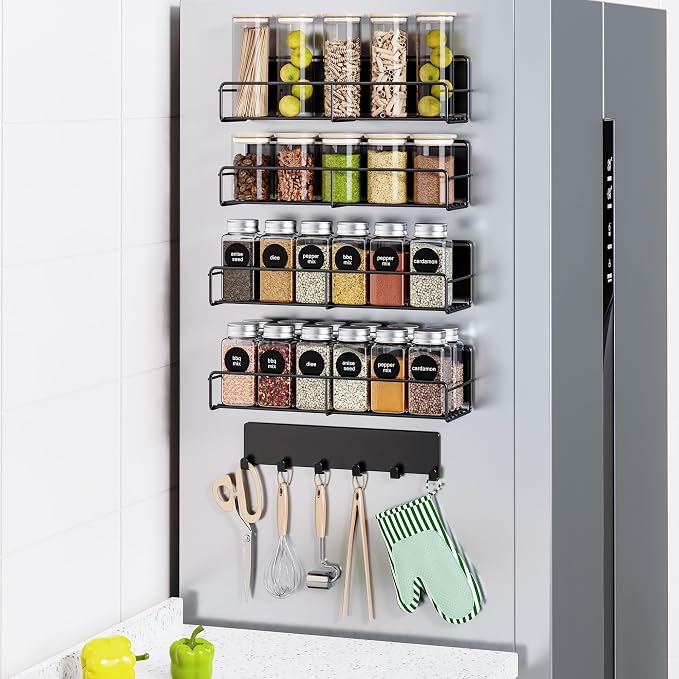 Mystozer 5 Pack Moveable Magnetic Spice Rack Organizer With 6 Hooks for Refrigerator, Metal Fridge Shelf Magnetic Basket for Fridge Kitchen Spice Organizer (Black)