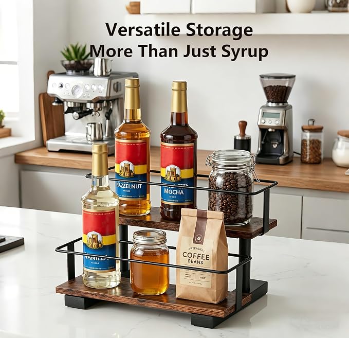 2-Tier Coffee Syrup Rack with High Rails, Holds 6 Bottles | Space-saving stepped shelf with wood & metal, high guardrail, liquor, spice jars & essential oils.