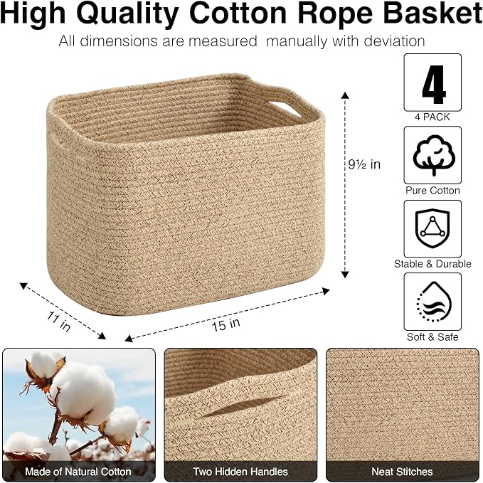 ICERZCZ Storage Baskets for Organizing & Shelves, Woven Cotton Rope Organization Bins for Dog Toys, Clothes, Books, Nursery Organizer, 15" Lx11''Wx9.5''H, (4 Packs) Brown