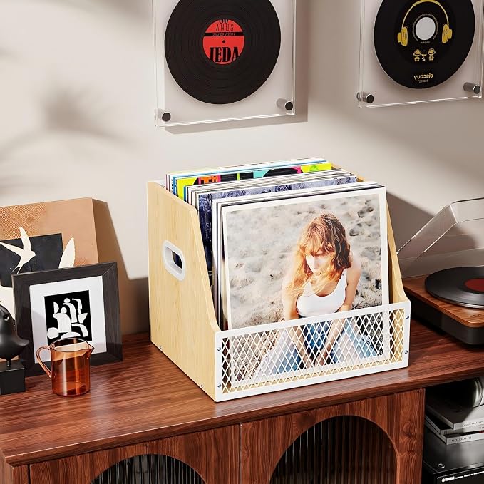 Vinyl Record Storage, Wooden Crate for Record Holder Album Storage for 7/10/12 inch 60+ Vinyl Magazine File Holder Natural Beige