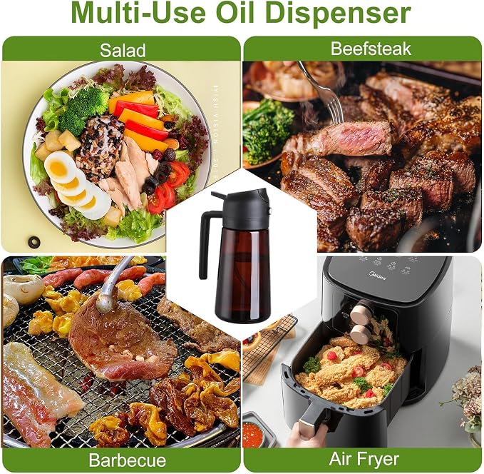 Oliver Oil Sprayer & Dispenser for Cooking Bottle 16oz Dark Glass Fine Mist | 2pcs,Brown Bottles-Black and Green,2-in-1 Lightproof Borosilicate Glass Oil Bottle, Wide Mouth