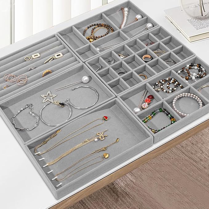 Dntorx Stackable Jewelry Organizer Trays, 6 Set of Velvet Jewelry Drawer Insert Sets Organizer Trays Jewelry Display Case Storage with Removable Dividers for Earring Necklace Rings Bracelet（Gray）
