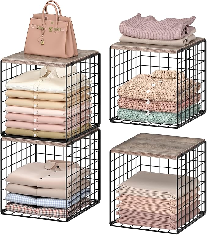 CHOEZON 4-Tier Closet Organizers and Storage, Stackable Storage Bin Baskets with Wooden Upper Surface, Closet Shelves Clothes Storage Cubes for Wardrobe and Closet Organization, Greige and Black