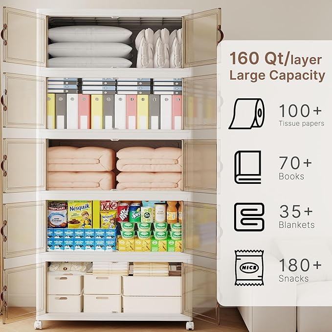 968QT Extra Large Stackable Storage Bins with Lids & Wheels & Door, 242Gal Foldable Collapsible Closet Organizers, Plastic containers drawers for bedroom Dorm