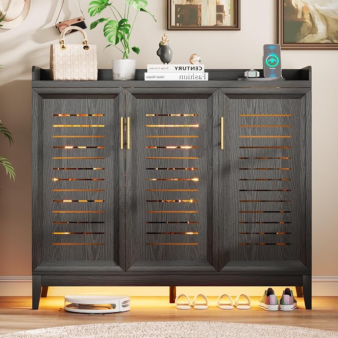 Vlsrka Shoe Storage Cabinet with Shutter Doors and Adjustable Shelves | 6 Tier Wooden Shoe Organizer, Large Capacity, Human Sensor Lighting, 180° Rotating, for Entryway, Hallway, Living Room, Black