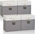 12x12 storage cube bins 4 Pack,Collapsible Fabric Storage Cubes with Labels,Linen Cube Storage Organizer Bins with Cotton Handles,Square Storage Cubes for Home,Office,Clothes,Cabinet (White Grey).
