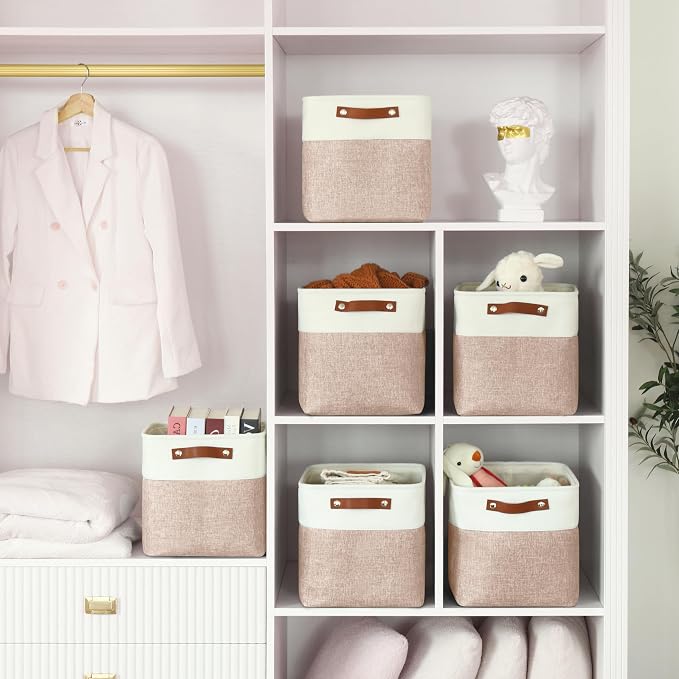 Patvingot Fabric Storage Cubes 11", 4 Pack, with PU Pull Handles,Foldable | For accessories on cube shelves or in closets; reinforced opening, pull-out access, folds flat when empty,white and pink
