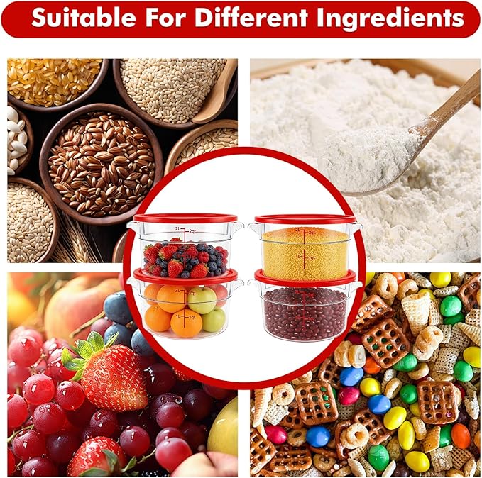 4-Pack Food Storage Containers with Lids,Round Plastic Containers for Kitchen, Food Grade, BPA-Free, Stackable, Clear Red Storage Buckets (Red, 2L)