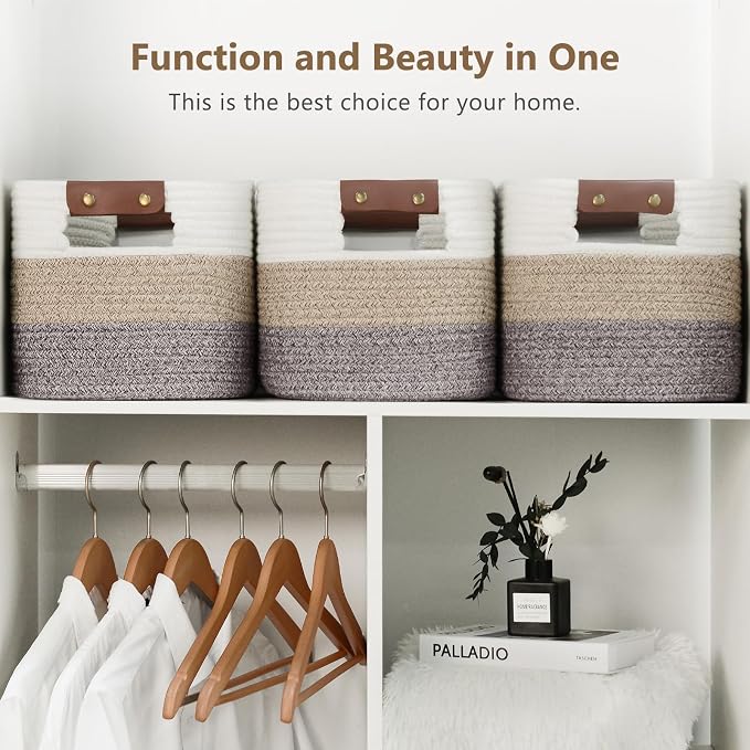 ECDYQXVU 15x10x9 Woven Cotton Rope Storage Basket, Leather Handles 1 Pack | Foldable Design, Sturdy PU Handles, Easy to Clean Organizer for Living Room, Closet, Shelves, Bedroom, Laundry, Clothes
