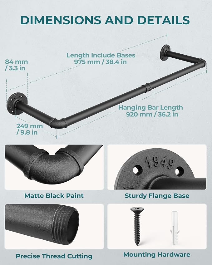 OROPY 38.4" Industrial Pipe Clothes Rack Wall Mounted, Heavy Duty, 2 Pack | Heavy Duty Iron Pipe Clothing Garment Rail, Multi-Purpose Clothing Hanging Rod for Laundry Room and Closet Storage, Black