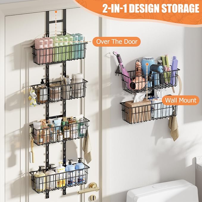 Hongtamoya Over The Door Organizer, Adjustable Hanging Door Organizer with 6 Wire Baskets 5 Hooks, Metal Behind The Door Storage for Pantry Closet Bedroom Bathroom Cabinet Kitchen Laundry Room, Black