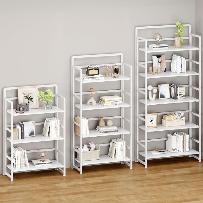 No Assembly Folding Bookshelf, 5 Tiers Collapsible Book Shelf for Home Office, Vintage Wood Foldable Bookcase Storage Organizer for Living Room Bedroom (White)