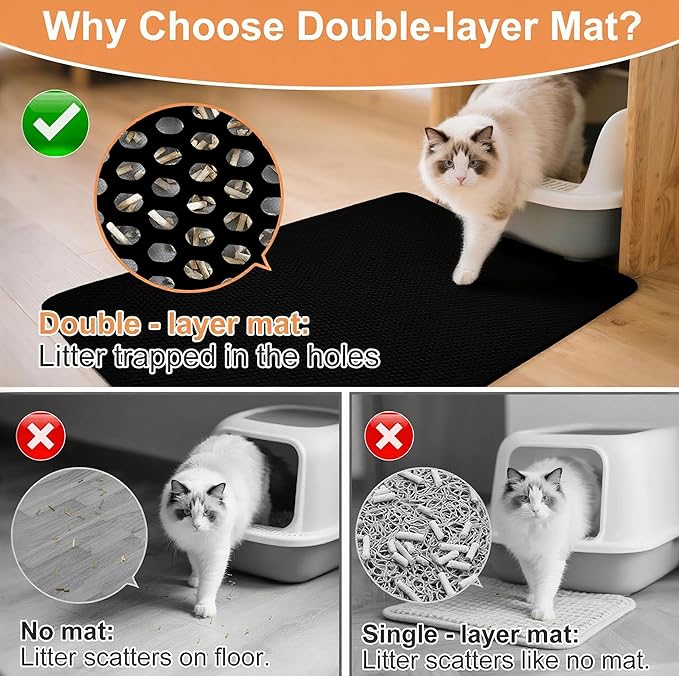Cat Litter Mat XXL(47" x 39") - Large, Double-Layer, Non-Toxic, Easy Clean, Durable, Black