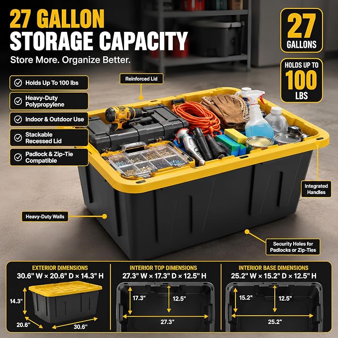 8 Pack 27 Gallon Heavy Duty Storage Totes with Lids, Stackable Plastic Storage Containers, Industrial Organizer Containers for Garage, Basement, Closet, Moving, Camping & Outdoor Storage