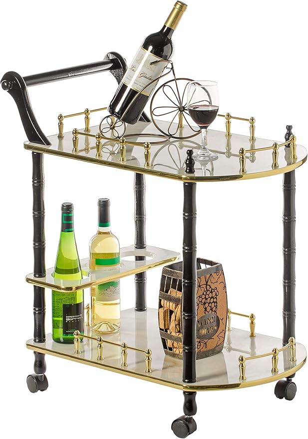Serving Bar Cart Tea Trolley, 2 Tier Shelves on Rolling Wheels, Mobile Liquor Bar for Wine Beverage Drink Dinner Party, Utility Kitchen Storage Island Coffee Cabinet for Dining Living Room, Wood White