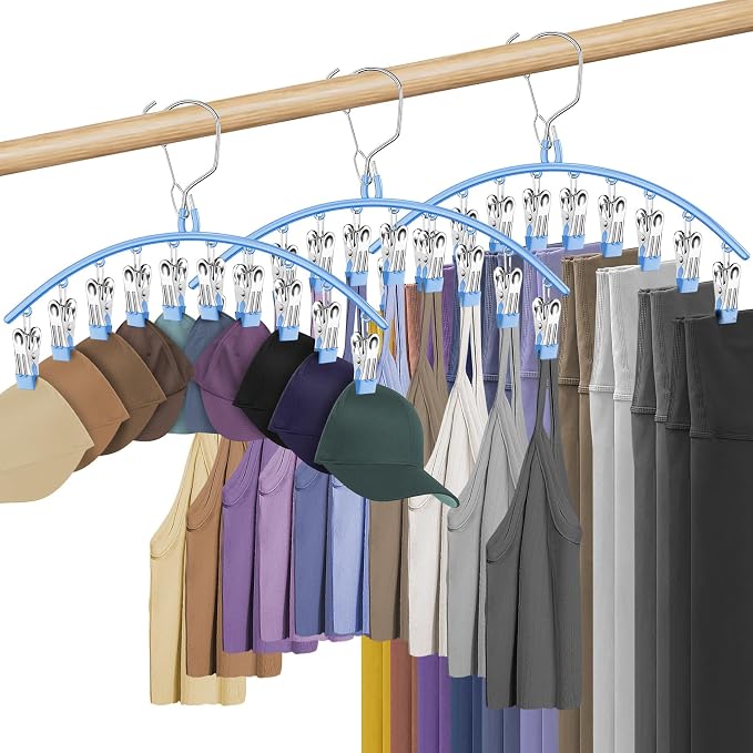 3 Pack Skirt Pants Hangers with Clips, Legging Organizer for Closet Hanging with 10 Cilps Holds 30 Leggings/Shorts/Jeans/Skirts Pants Hangers Space Saving Closet Organizers and Storage, Blue
