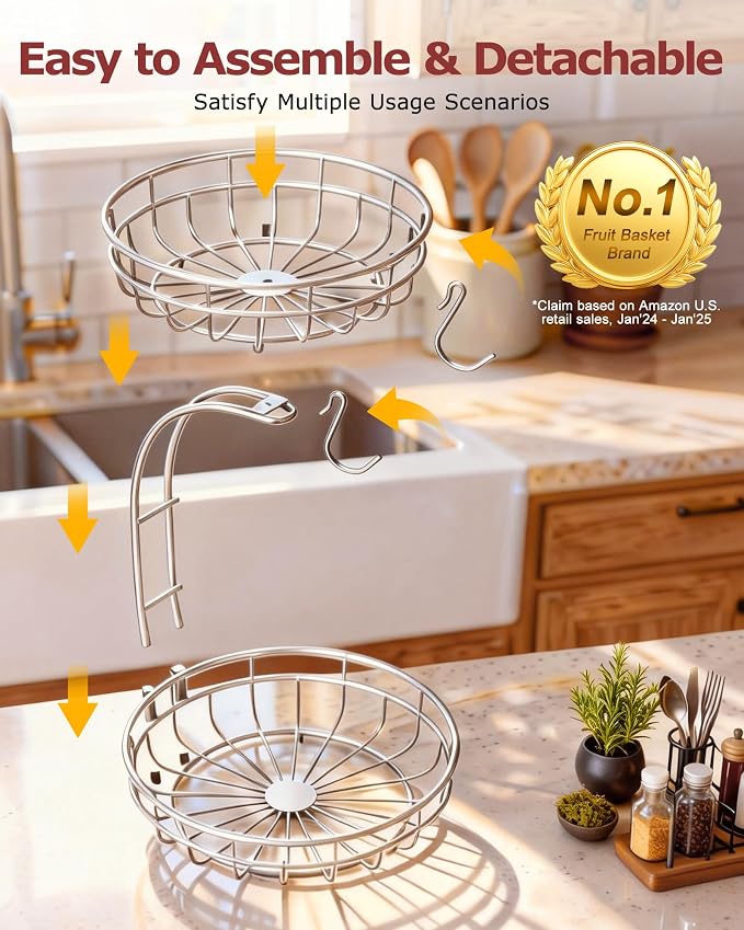 Sevenblue 2 Tier Modern Fruit Basket for Kitchen Counter, Silvery | Space-Saving Vertical Storage for Veggies, Bread, Snacks, Fits Under Cabinets, includes 2 banana hooks and protective mats