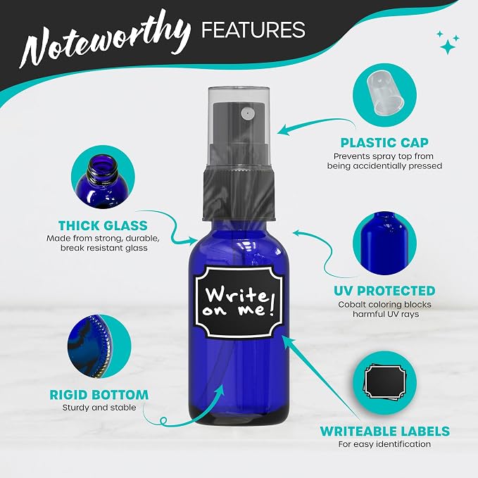 Nevlers 1 Oz Blue Glass Spray Bottles for Cleaning & Refreshment 24 Pack | Small Spray Bottle Travel Size Set w/ Shrink Wrap, Funnel, Brush, Marker & Labels | Perfume Travel Refillable Containers