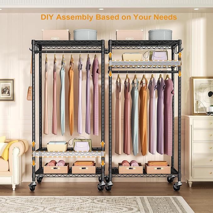 FUTASSI Rolling Clothes Rack, Clothing Racks for Hanging Clothes, Black | P6 Medium Heavy Duty Garment Rack with Wheels, Freestanding Portable Closet Rack with Shelves, 30 In Wide, Max Load 370 LBS