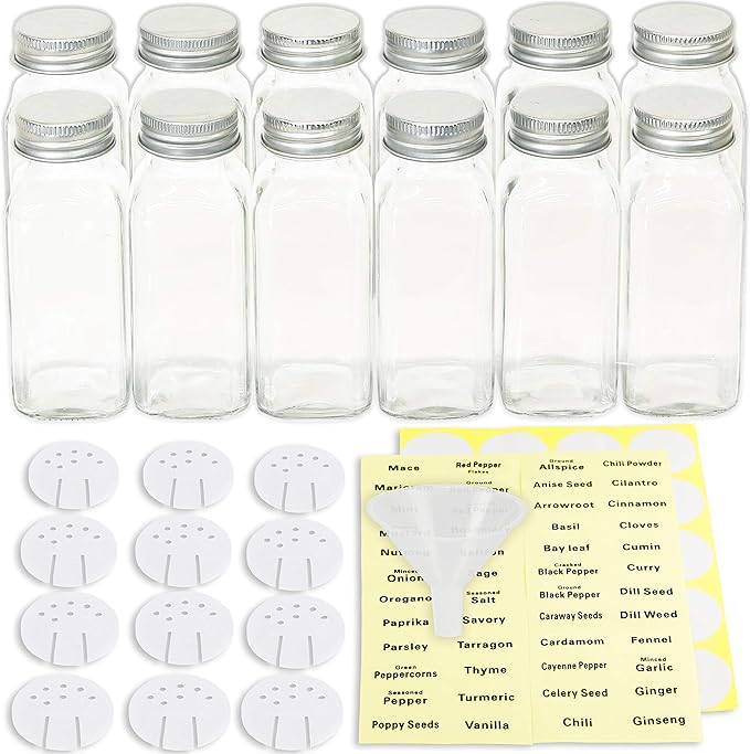 Simple Houseware Spice Jars 6-oz Square Glass Bottles, 12 Pack | 6 Ounce, with Shaker Lids, Funnel and Labels for Seasoning & Storage
