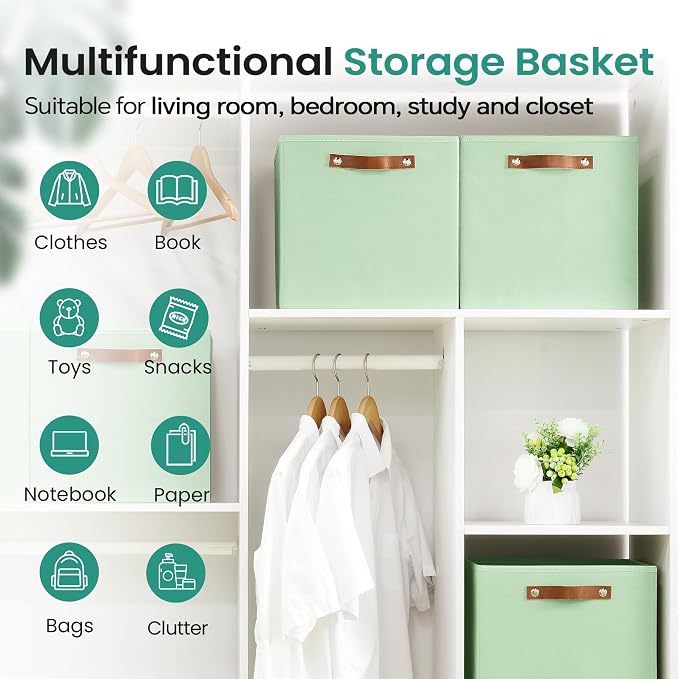 FinishingBo 13 inch Storage Bins with Labels 6 Pack | PU Leather Handles, Foldable Storage Cubes, Storage Baskets, Closet Storage, Green