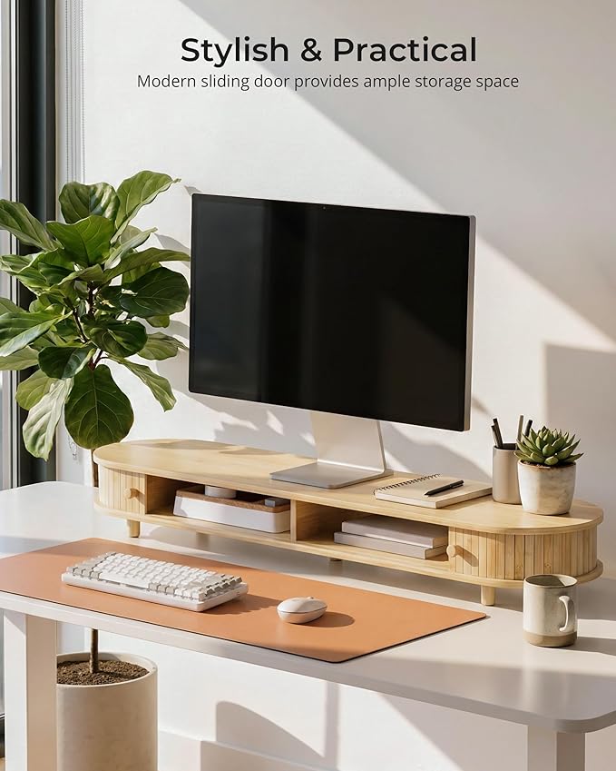 Bamboo Dual Monitor Stand with Storage, Curved Double Computer Laptop Stand Desk Shelf Organizer with Sliding Doors (42 inch)