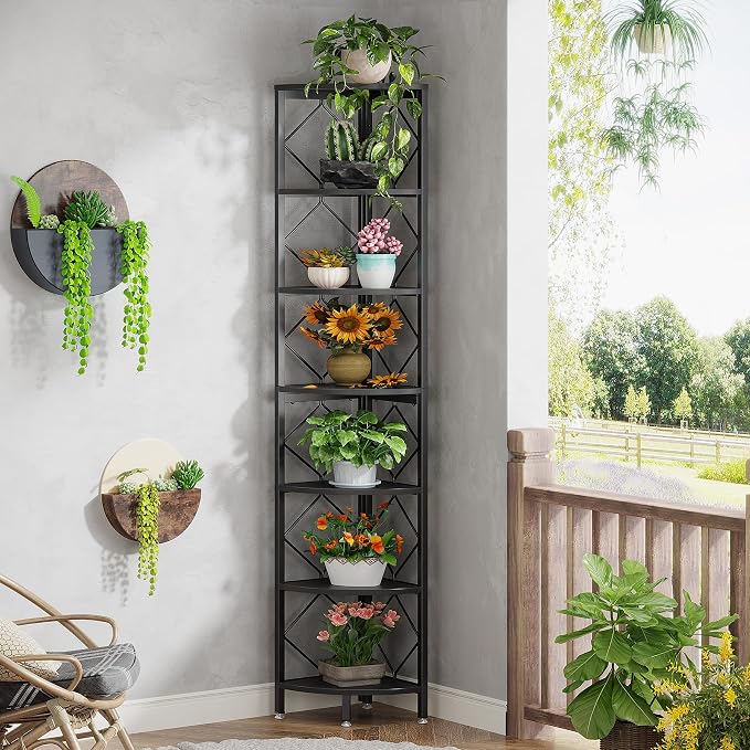 Tribesigns 7-Tier Corner Shelf, 78.7” Extra Tall Corner Bookcase, Industrial Slim Corner Bookshelf for Small Narrow Space, Wood Corner Shelf Stand Storage Rack for Living Room, Home Office