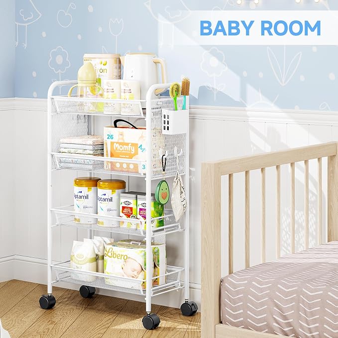 4 Tier Metal Rolling Utility Cart - Heavy Duty Storage Trolley with Pegboard, 4 Hooks & 1 Bin, Mobile Organizer Shelves for Bathroom Kitchen Office Craft Room Laundry