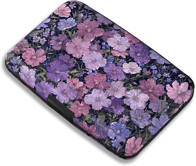Maicican RFID Blocking Aluminum Credit Card Holder | Slim Metal Wallet for Women & Men, Business Card Case for Travel, Fits Front Pocket, Card holder wallet - Purple flowers