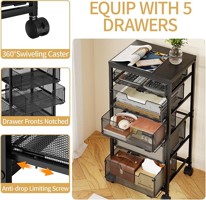 Sbanmao 5 Drawers Rolling Utility Cart, Rolling Storage Cart with Wooden Tabletop and Lockable Wheels, Storage Drawer Cart with Drawers, Craft Cart for Bedroom, Classroom, Home, Office,Black