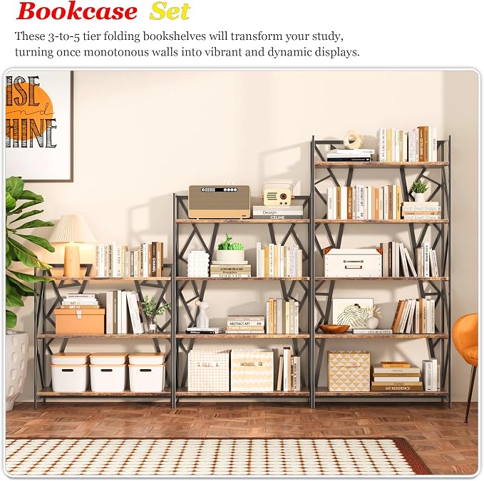 UDD No Assembly Wide Folding Bookshelf, 34" H x 30.9" W, 3 Tier Foldable Book Shelf Industrial Bookcase, Vintage Collapsible Storage Shelves for Home Office Living Room Bedroom, Rustic Brown Black