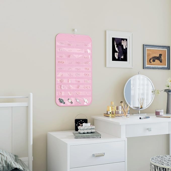 Hanging Jewelry Organizer 80-Pocket Double-Sided Storage, 2-Pack, Pink | Foldable clear PVC 80-pocket storage; swivel hook fits walls, doors & rods to organize earrings, necklaces, bracelets & rings