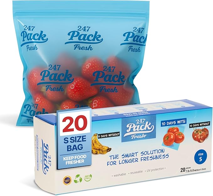 Freshpack 247 Produce Storage Bags Size S 8 x 10 Inches 0.5 Gallon 20 Pack Reusable Food Storage Bags With Zipper For Fruits Vegetables Meal Prep Lunch Pantry Use