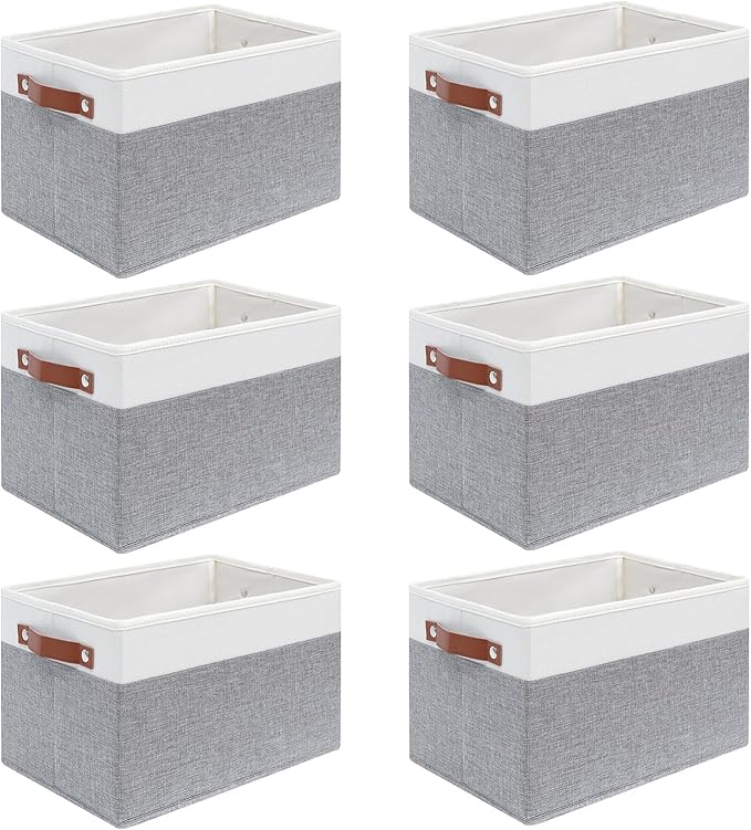 6 Pack Large Fabric Storage Baskets with Handles (White with Grey,15" L*13" W*13" H)