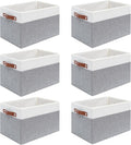 6 Pack Large Fabric Storage Baskets with Handles (White with Grey,15" L*13" W*13" H)