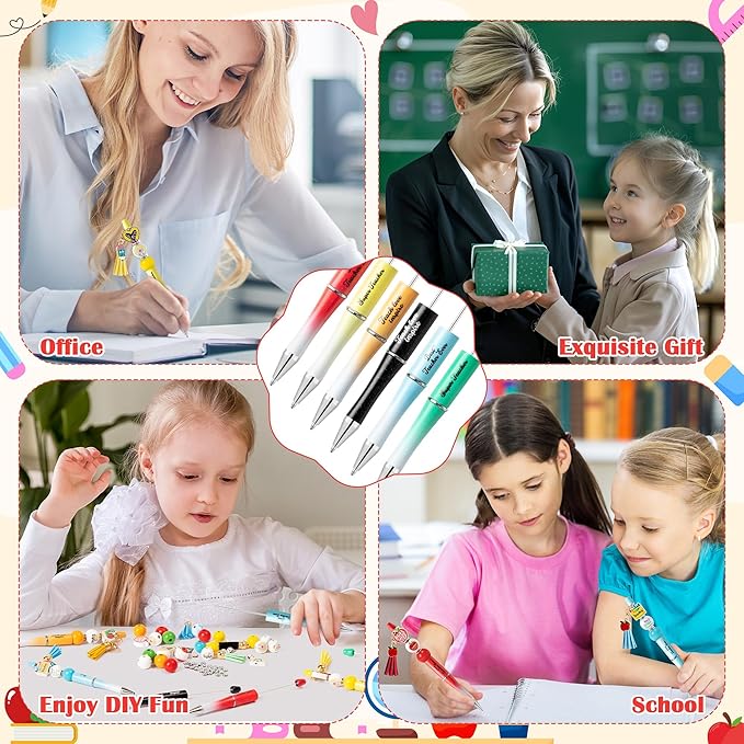 CNhoqc Teacher Appreciation Ballpoint Pens - 12-Set Teacher Appreciation Week Retractable Beadable Ballpoint Pen Wooden Bead Tassel Resealable Foil Pouch Bag Office School Writing Supplies Party Favor