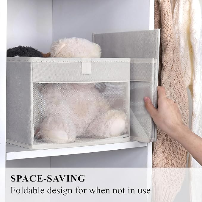 WUIKE 3 Pack Medium Storage Bins with Clear Window, Fabric Storage Bins for Home and Closet Organization, Beige