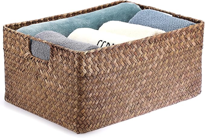 Hipiwe Seagrass Storage Baskets Bin for Shelf Handwoven Wicker Baskets Built-in Handles Rectangular Closet Bedroom Organizer Box Multipurpose Storage Basket Organizer,16.1"L x11.8"W x7.7"H