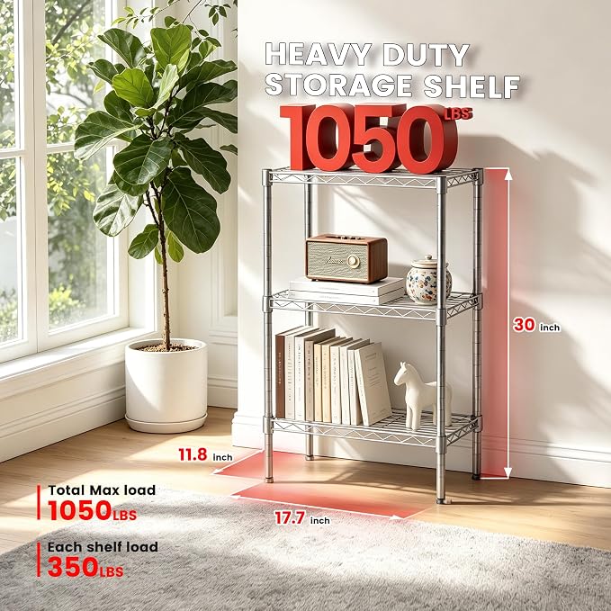 Xcity Storage Shelves, 3 Tier Heavy Duty Metal Shelving Unit, 1050 LBS Adjustable Steel Wire Shelf for Commercial, Pantry, Kitchen, Garage, 12" D x 18" W x 30" H, Chrome