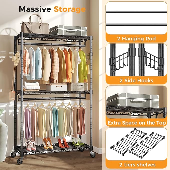 NEWBULIG Heavy Duty Clothing Rack with Wheels, 3-Tier Adjustable Wire Garment Rack, Metal Freestanding Closet Organizer System with Double Hanging Rods & 8 Side Hooks, 47"x17"x80", Black